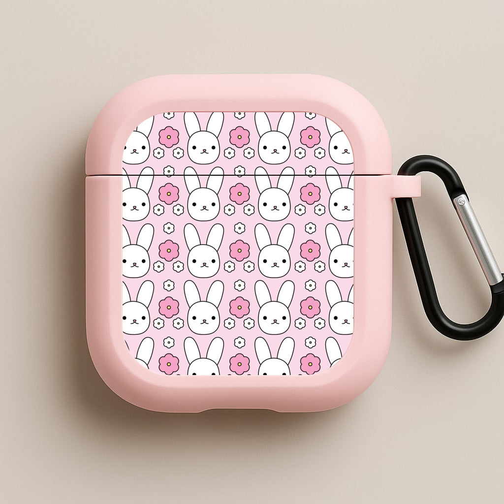 Bunnies And Flowers Pattern Pink AirPods Case