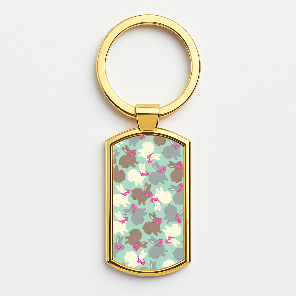 Bunny With Glasses Pattern Gold Keyring