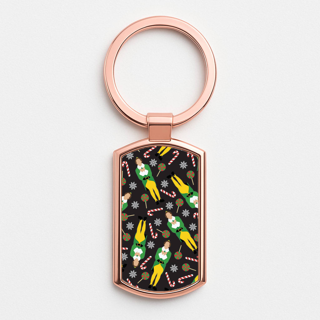 Elf Candy Cane Pattern Rose Gold Keyring