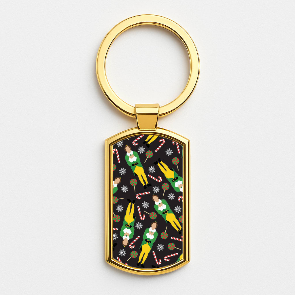 Elf Candy Cane Pattern Gold Keyring