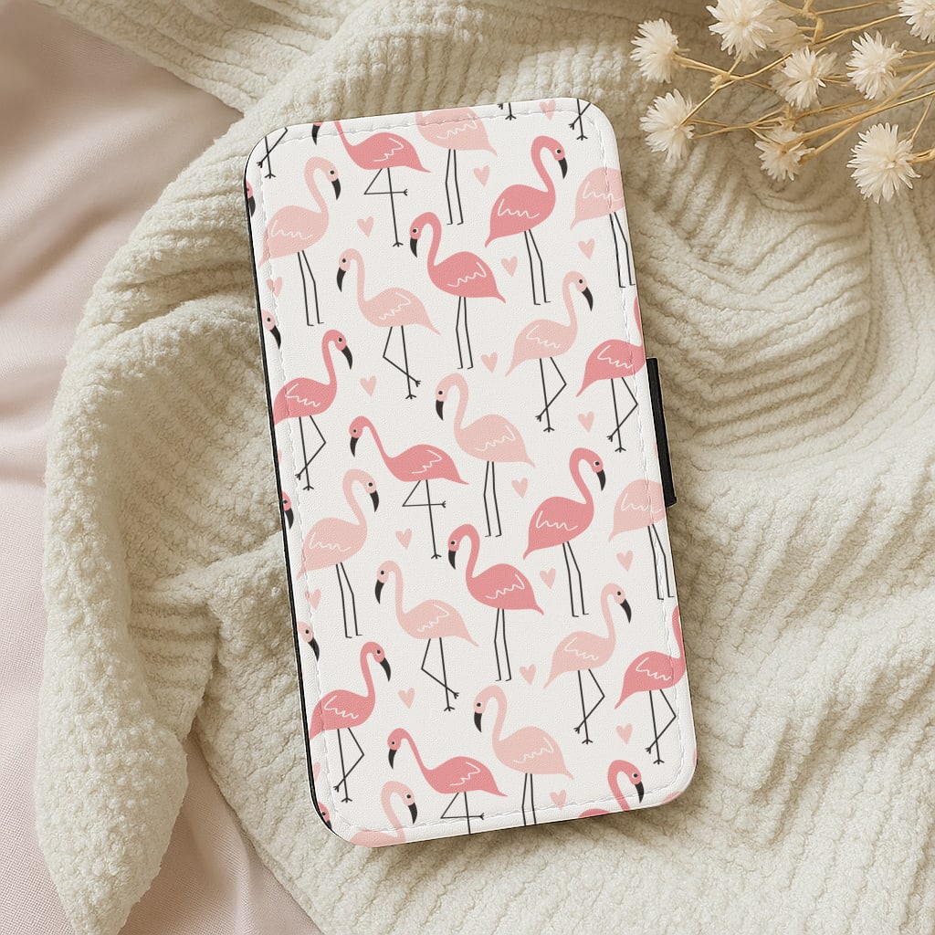 White & Pink Flamingo Pattern Wallet Phone Case