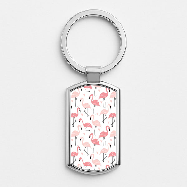 White & Pink Flamingo Pattern Silver Keyring