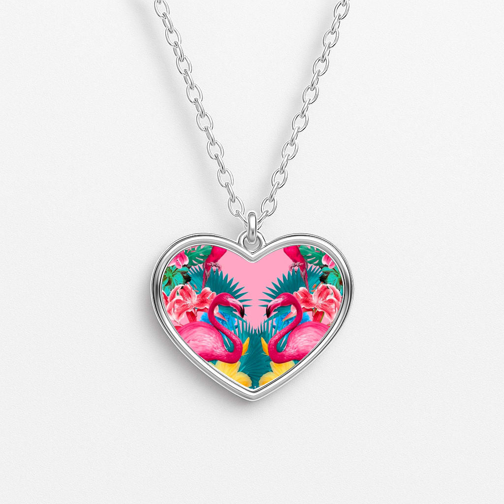 Flamingo and Tropical garden Heart Necklace