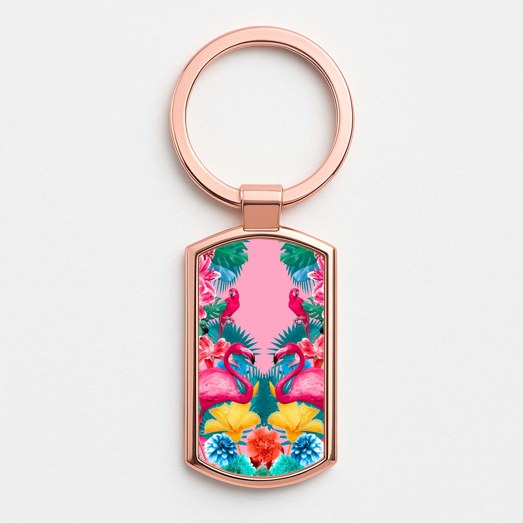 Flamingo and Tropical garden Rose Gold Keyring