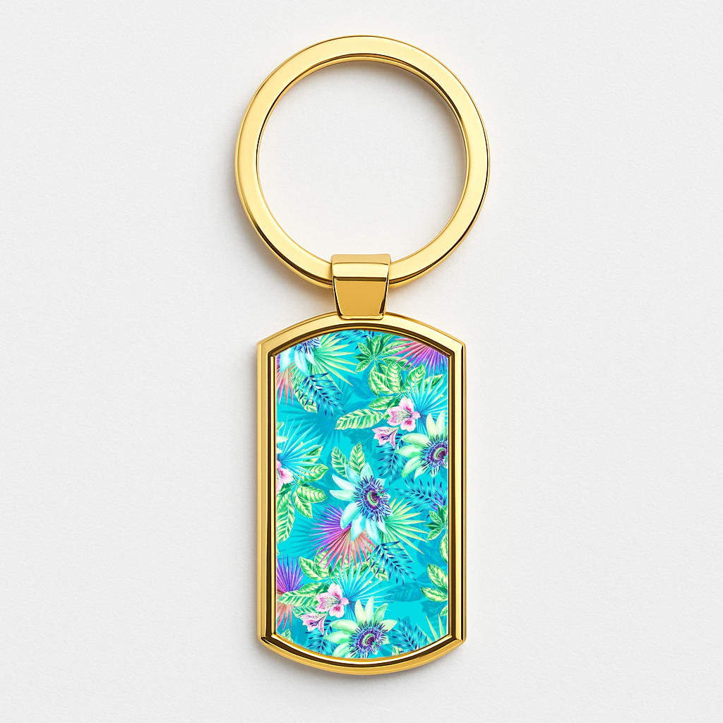 Blue Floral Pattern Gold Keyring