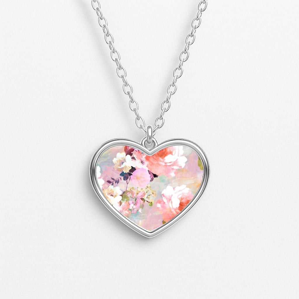 Pastel Pink Floral Pattern Heart Necklace