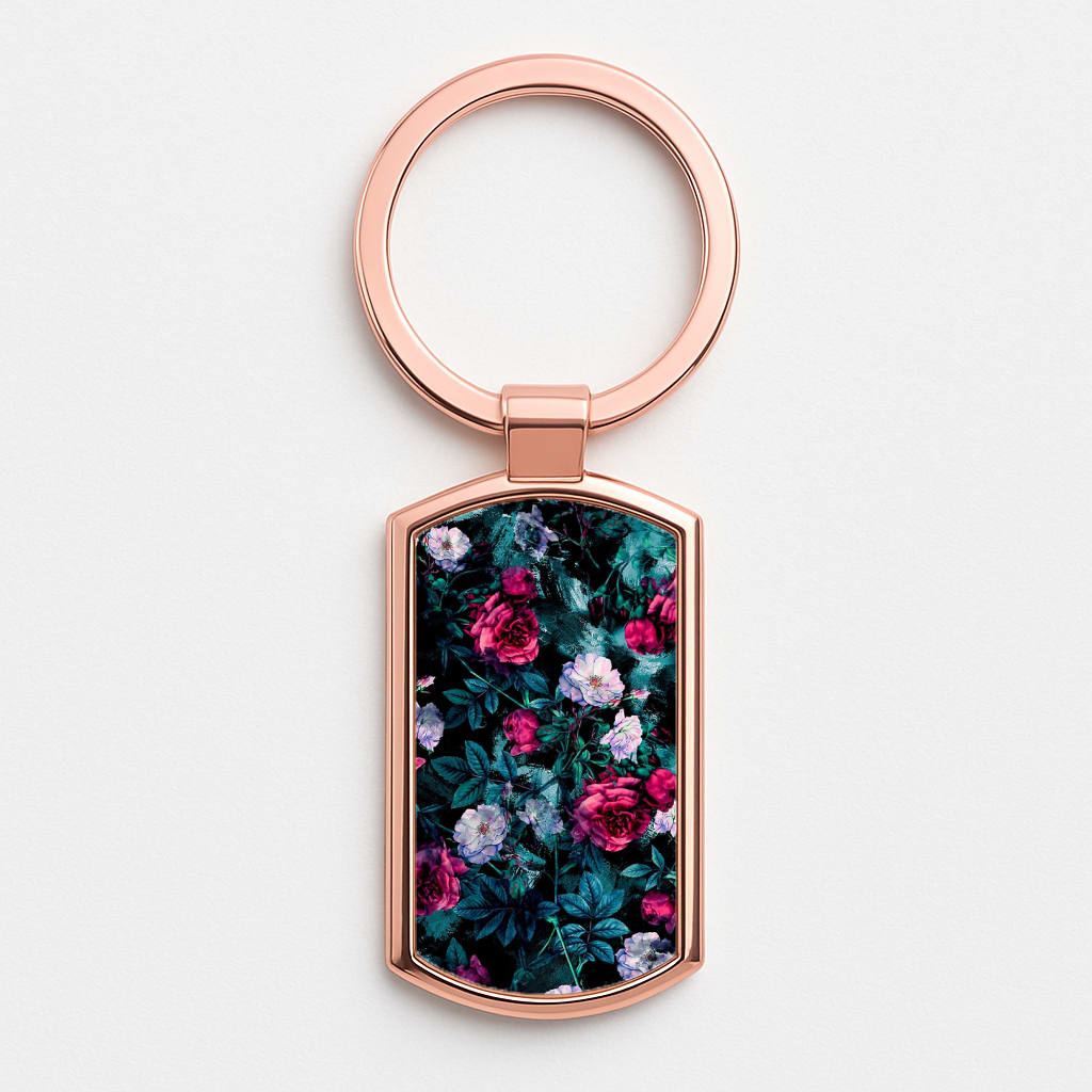 Black Floral Pattern Rose Gold Keyring