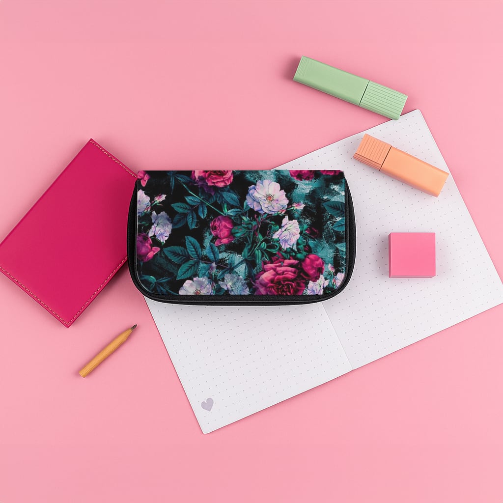 Black Floral Pattern Pencil Case