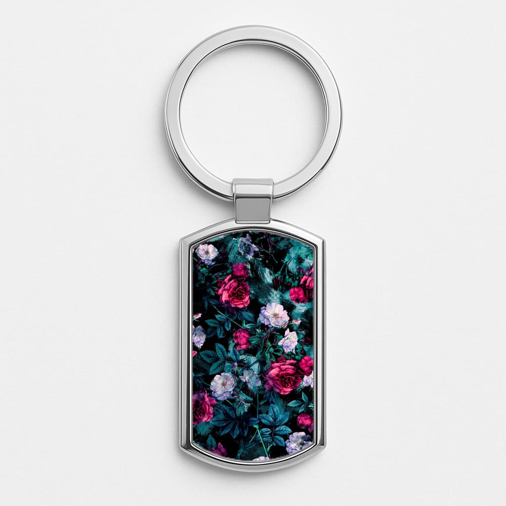 Black Floral Pattern Silver Keyring