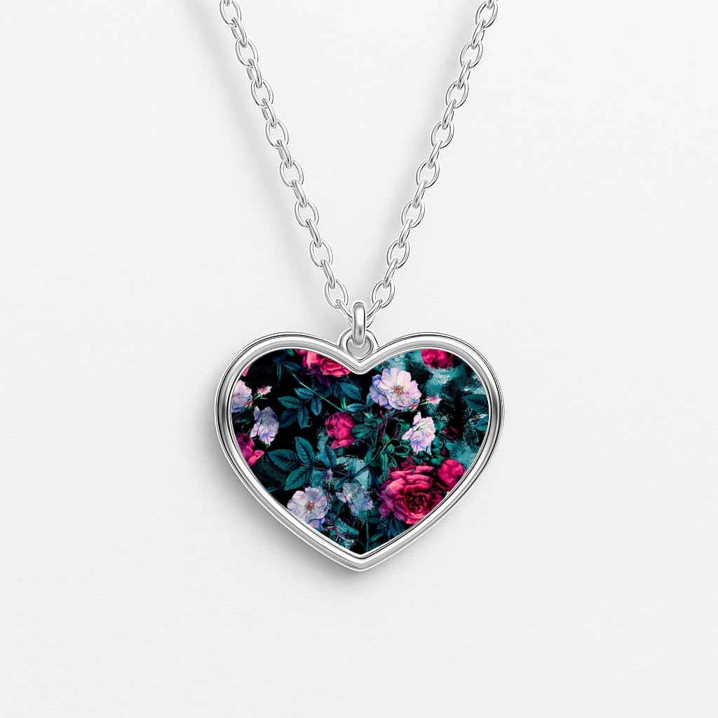Black Floral Pattern Heart Necklace