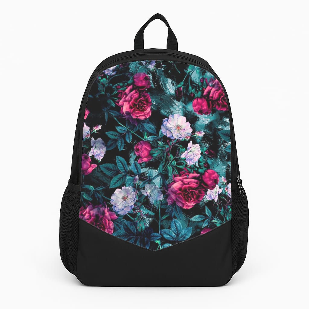 Black Floral Pattern Large Backpack