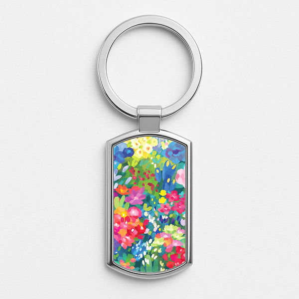 Colourful Floral Pattern Silver Keyring