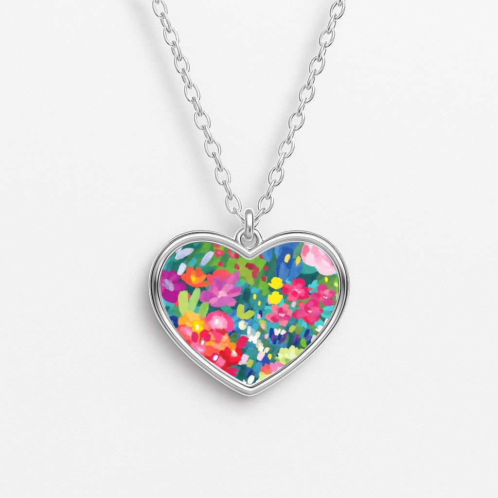 Colourful Floral Pattern Heart Necklace