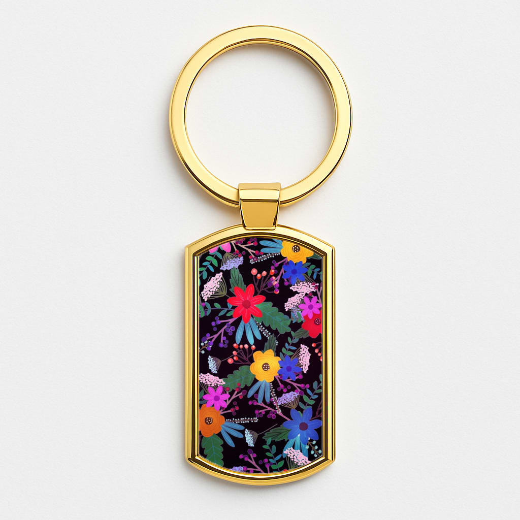 Black & Colourful Floral Pattern Gold Keyring