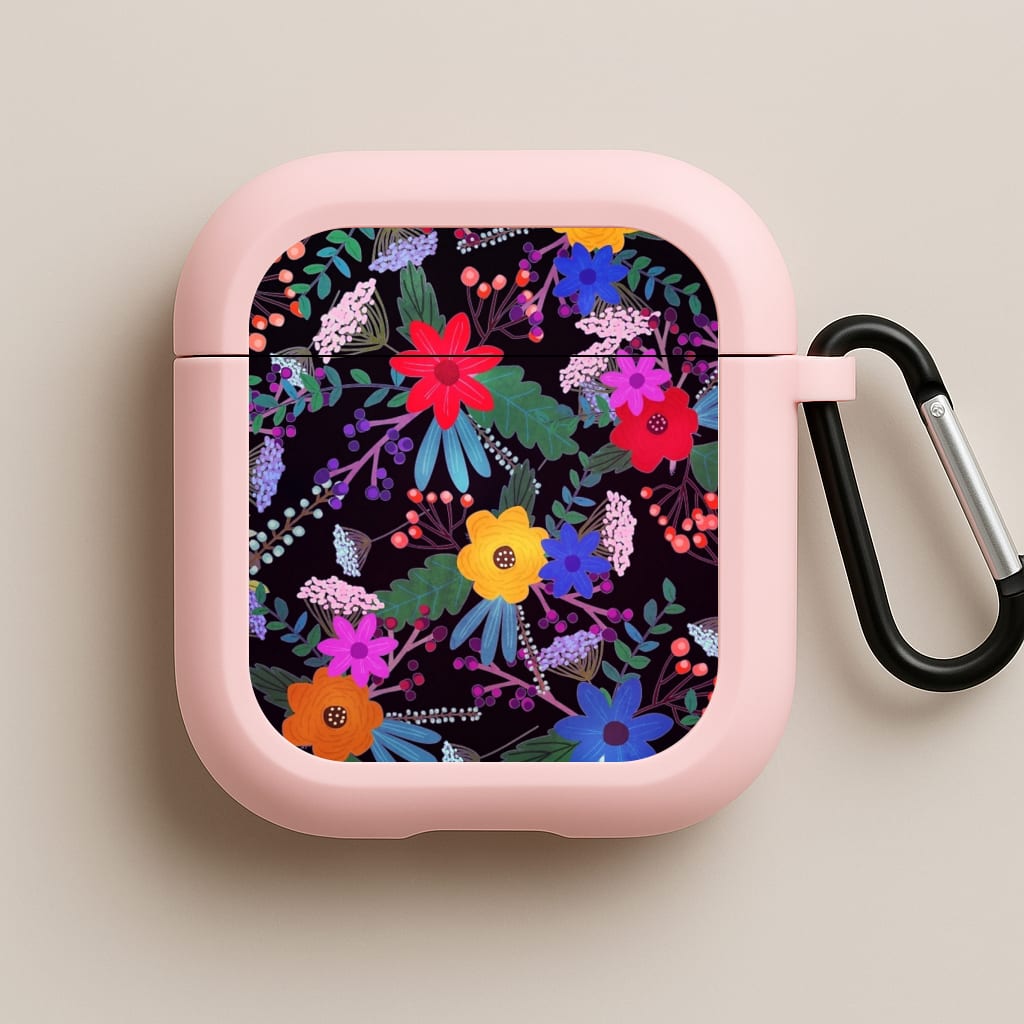 Black & Colourful Floral Pattern Pink AirPods Case