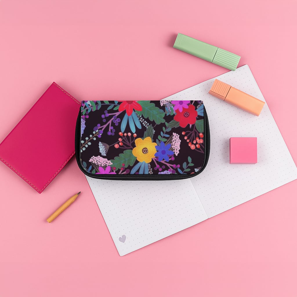 Black & Colourful Floral Pattern Pencil Case