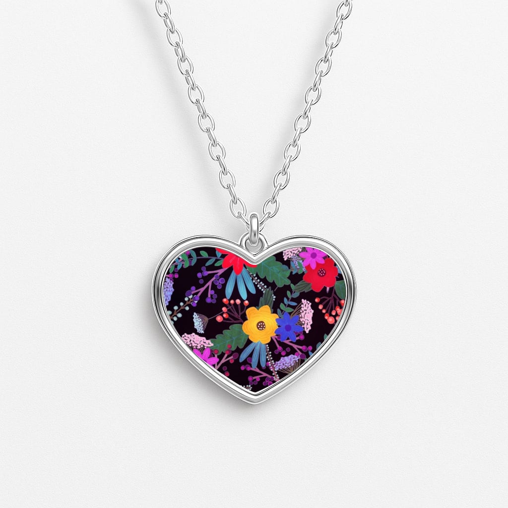 Black & Colourful Floral Pattern Heart Necklace