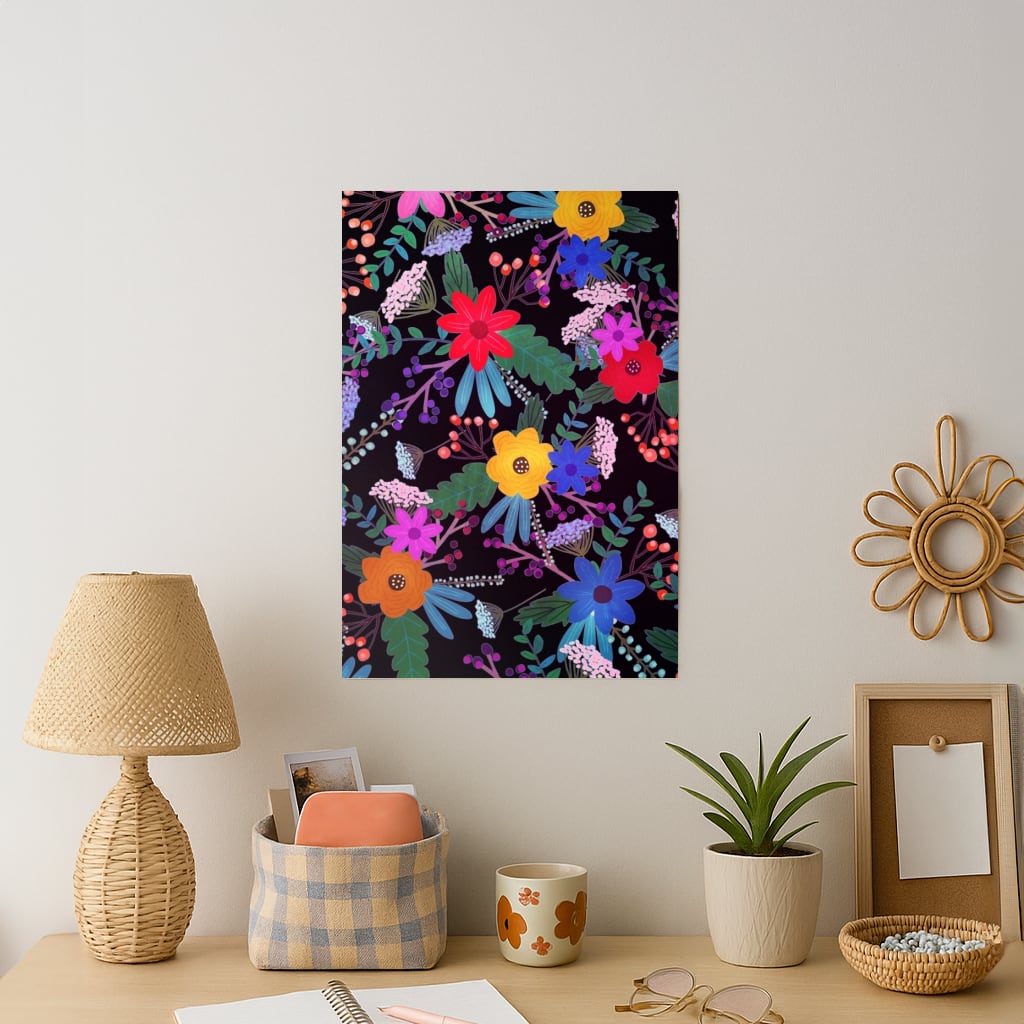 Black & Colourful Floral Pattern Art Print