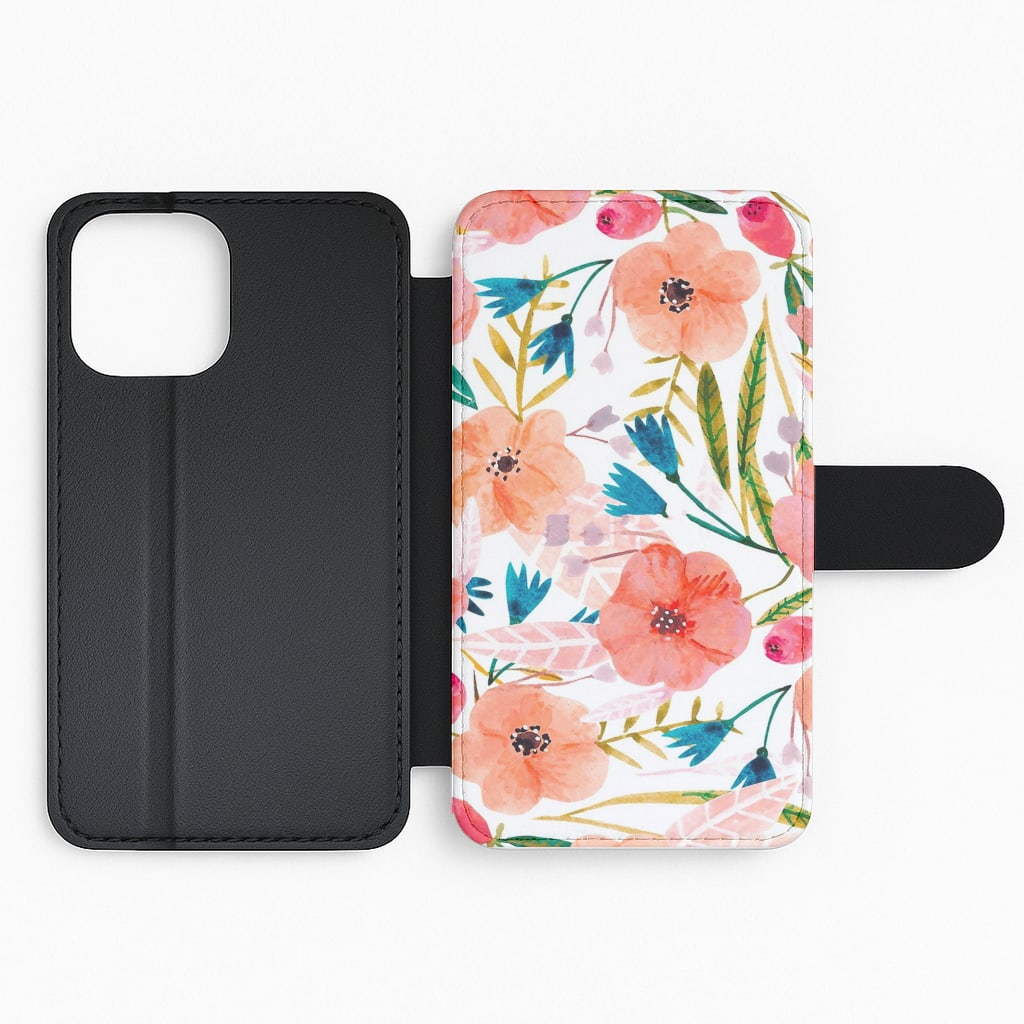 Peach Watercolour Floral Pattern Flip Wallet Phone Case