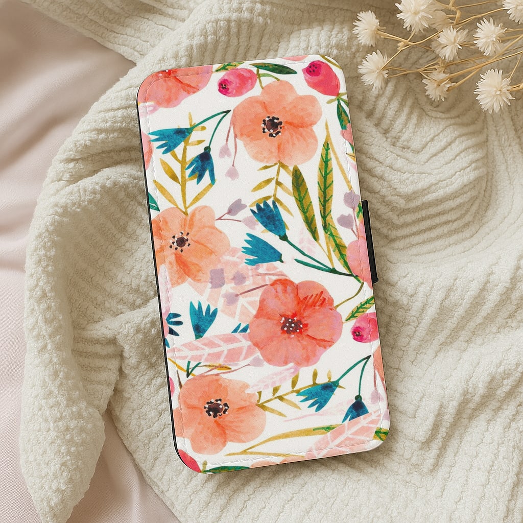 Peach Watercolour Floral Pattern Flip Wallet Phone Case