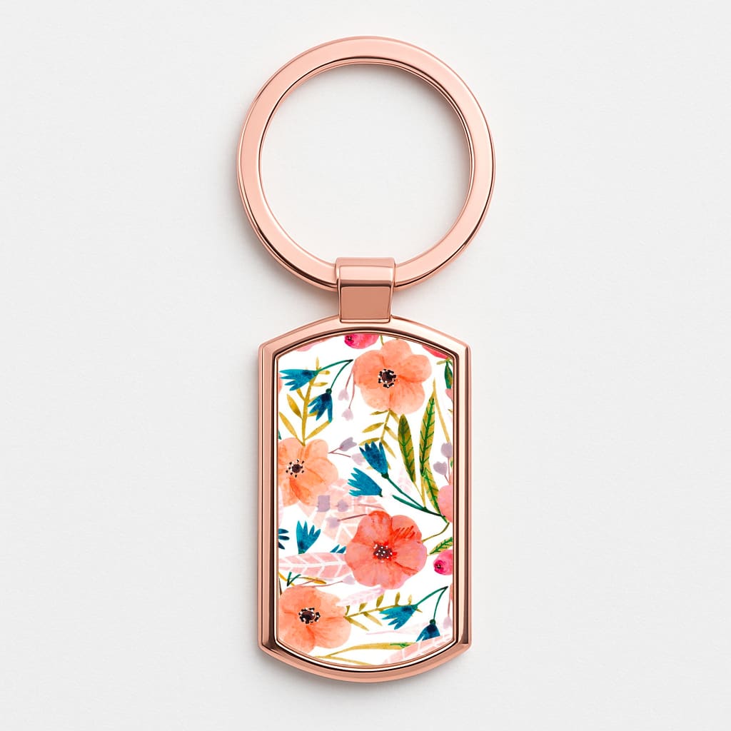 Peach Watercolour Floral Pattern Rose Gold Keyring
