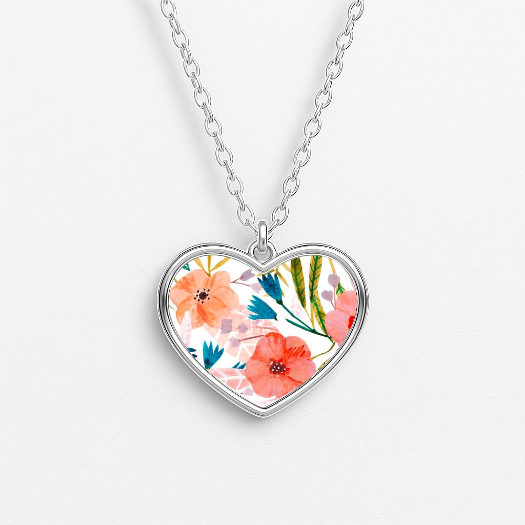 Peach Watercolour Floral Pattern Heart Necklace