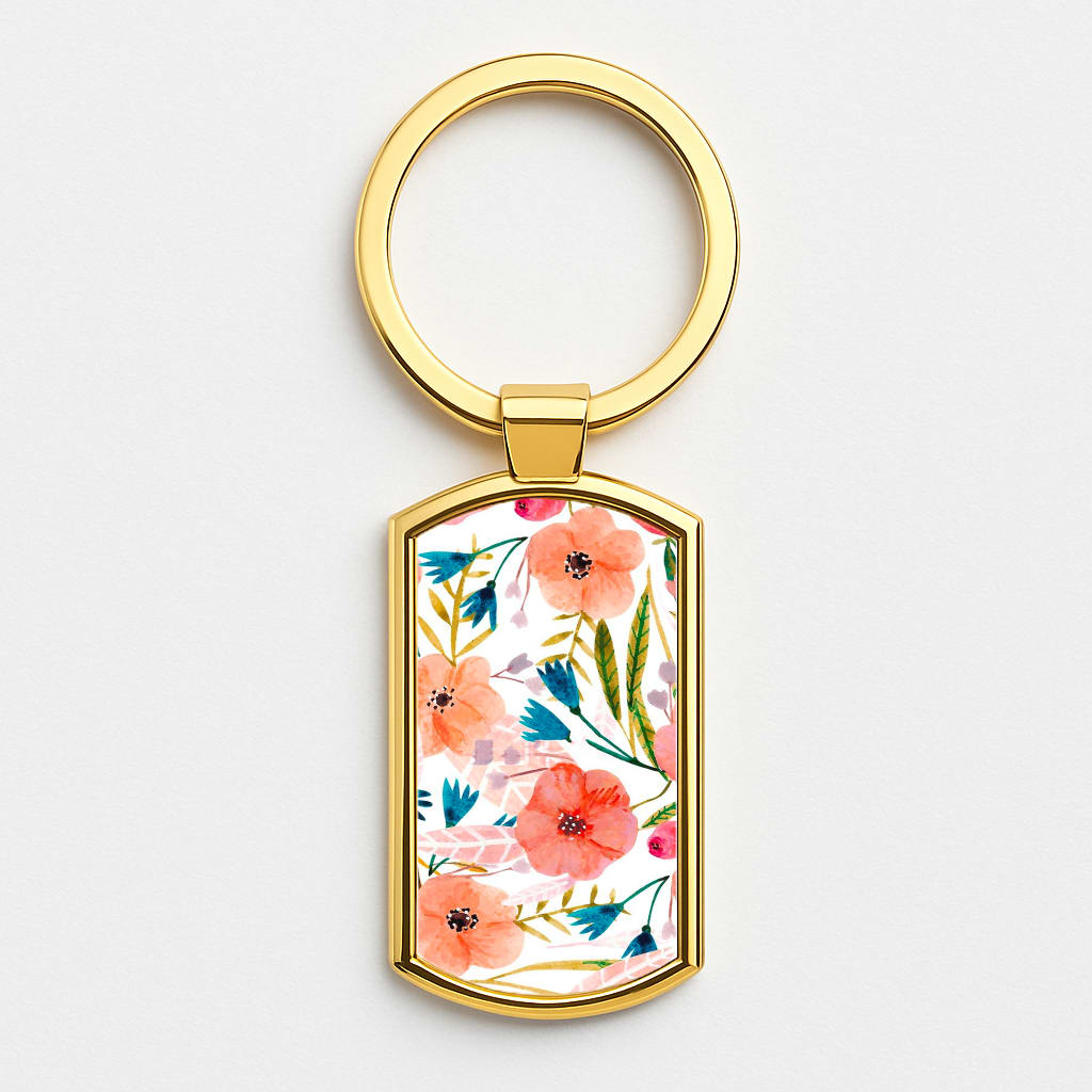 Peach Watercolour Floral Pattern Gold Keyring