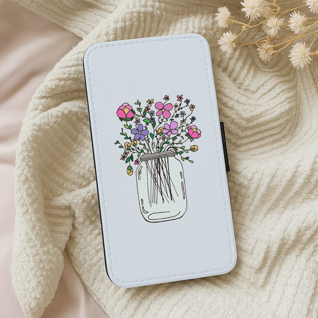 Cartoon Flower Jar Flip Wallet Phone Case