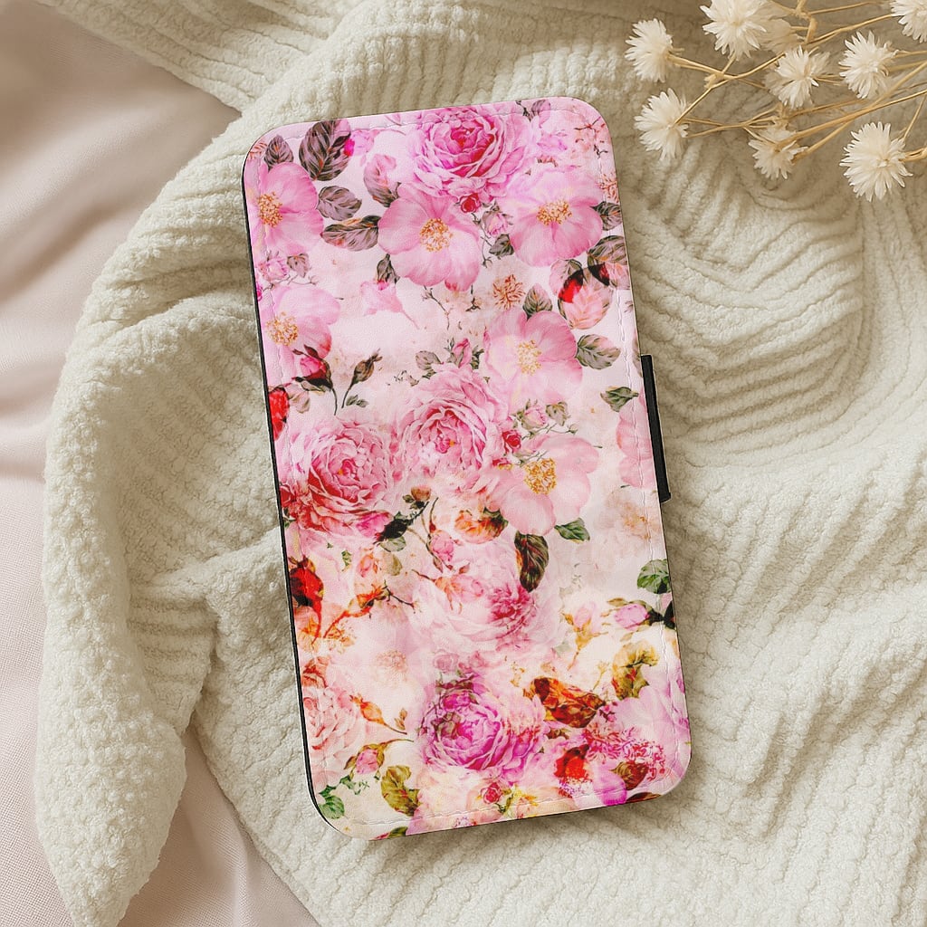 Pretty Pink Chic Floral Pattern Flip Wallet Phone Case