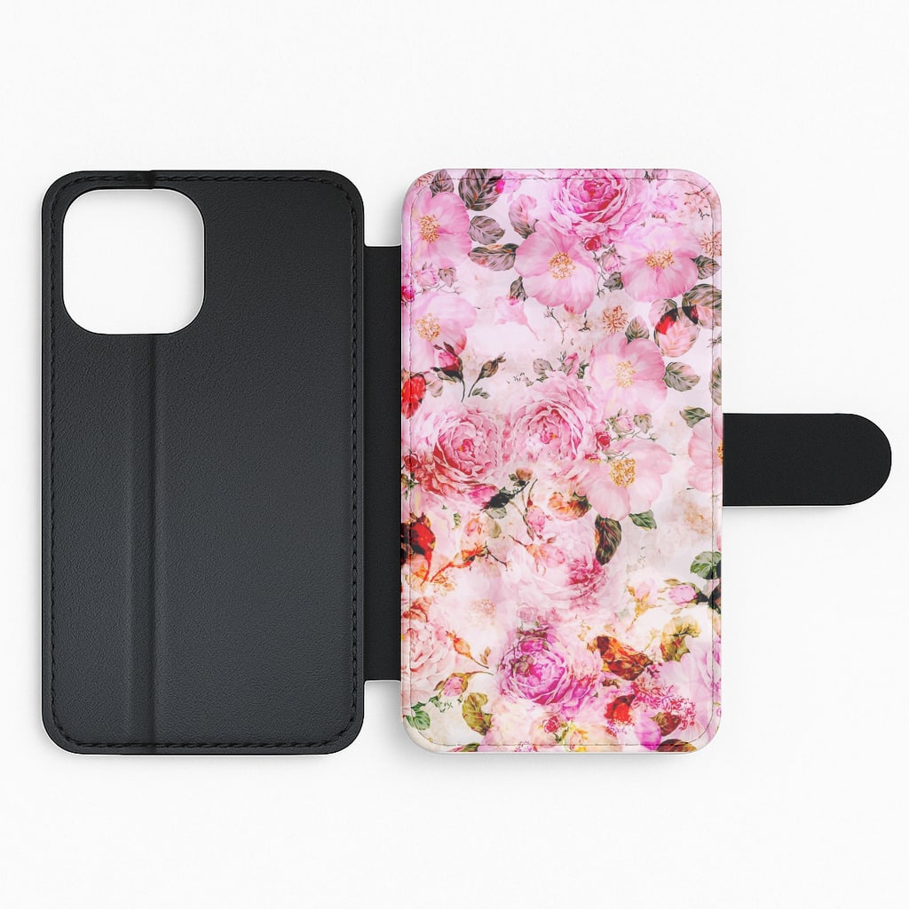 Pretty Pink Chic Floral Pattern Flip Wallet Phone Case