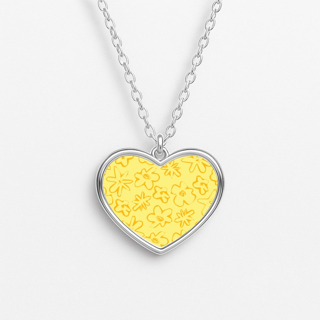 Yellow And Orange - Floral Patterns Heart Necklace