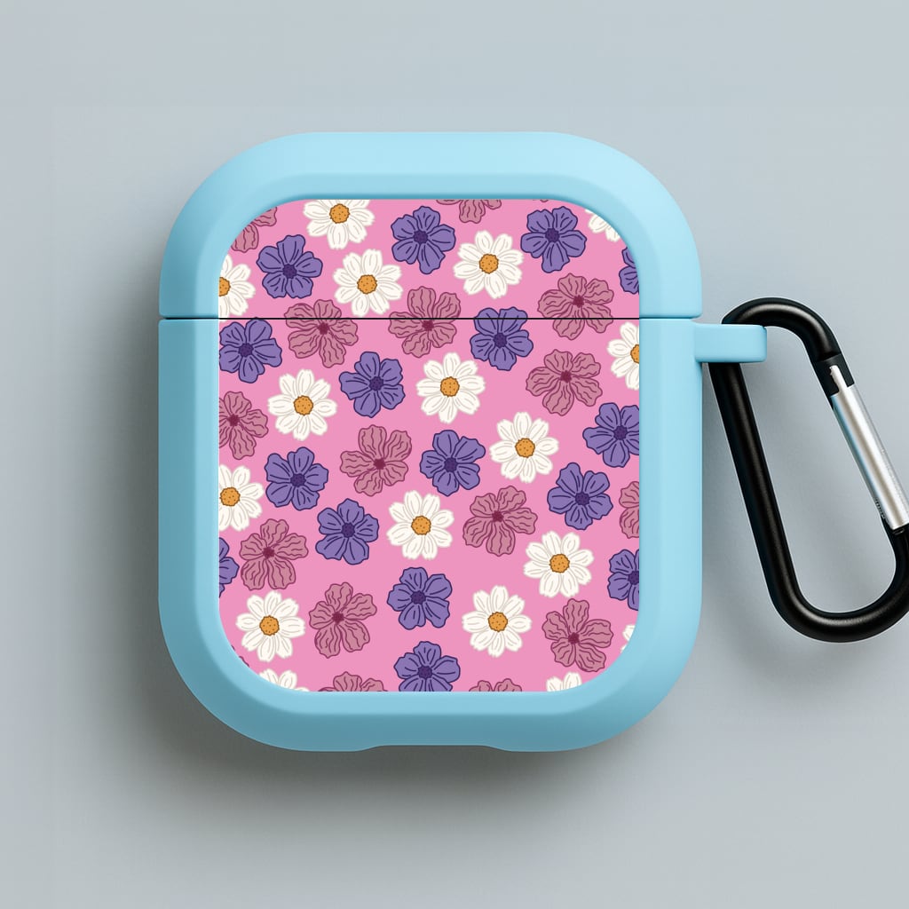 Pink, Purple And White Flowers - Floral Patterns Blue AirPods Case