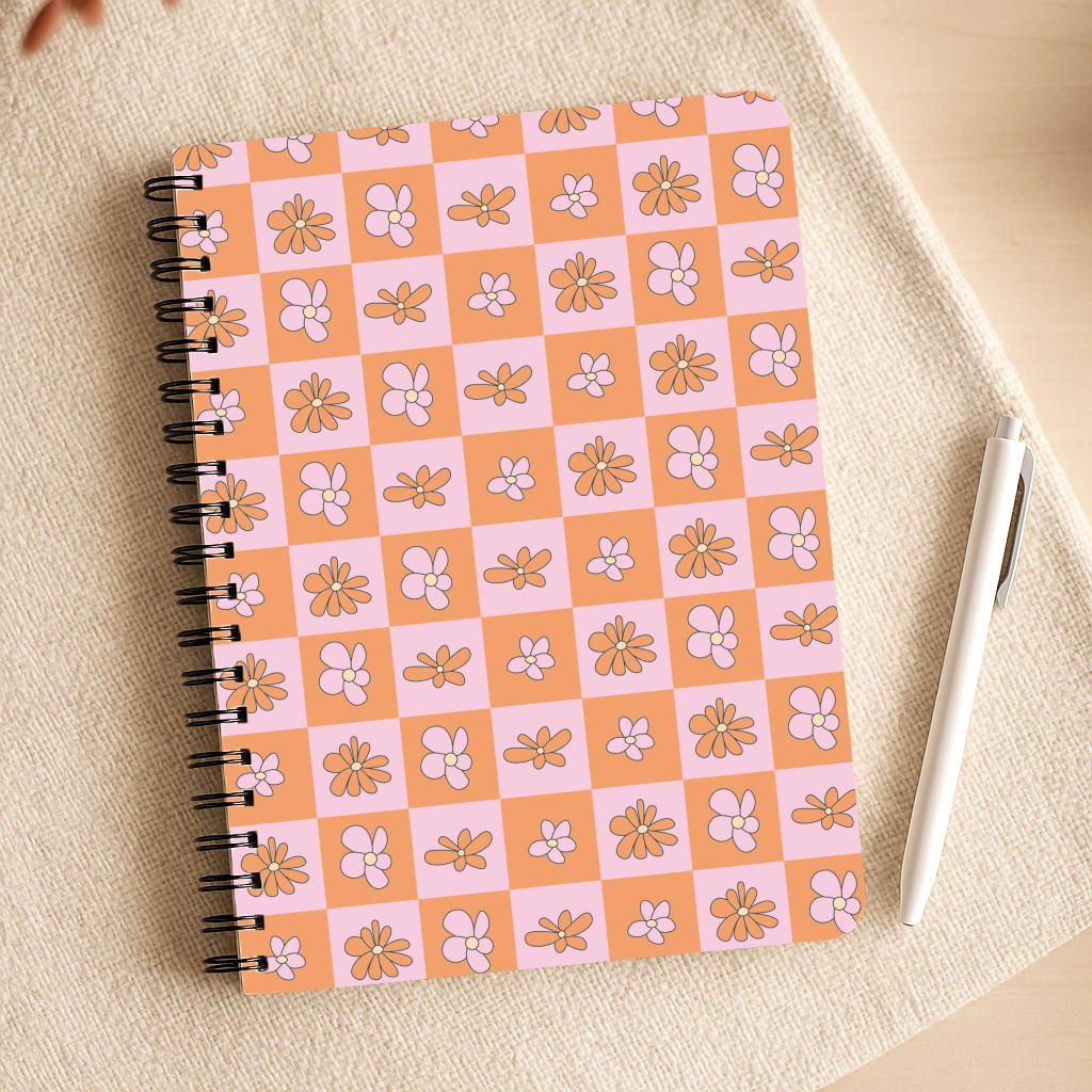 Orange And Pink Checked - Floral Patterns Notepad