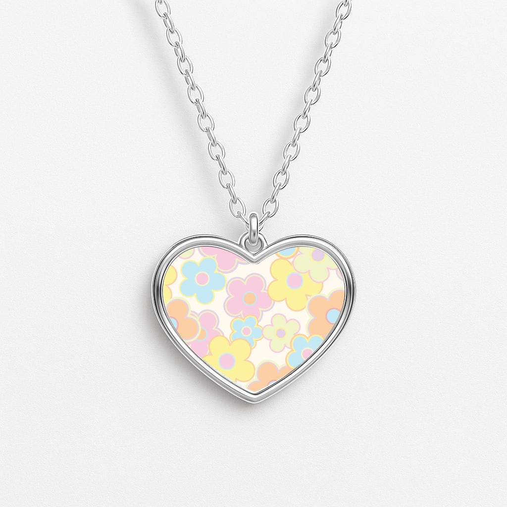 Pastel Abstract Flowers Pattern Heart Necklace