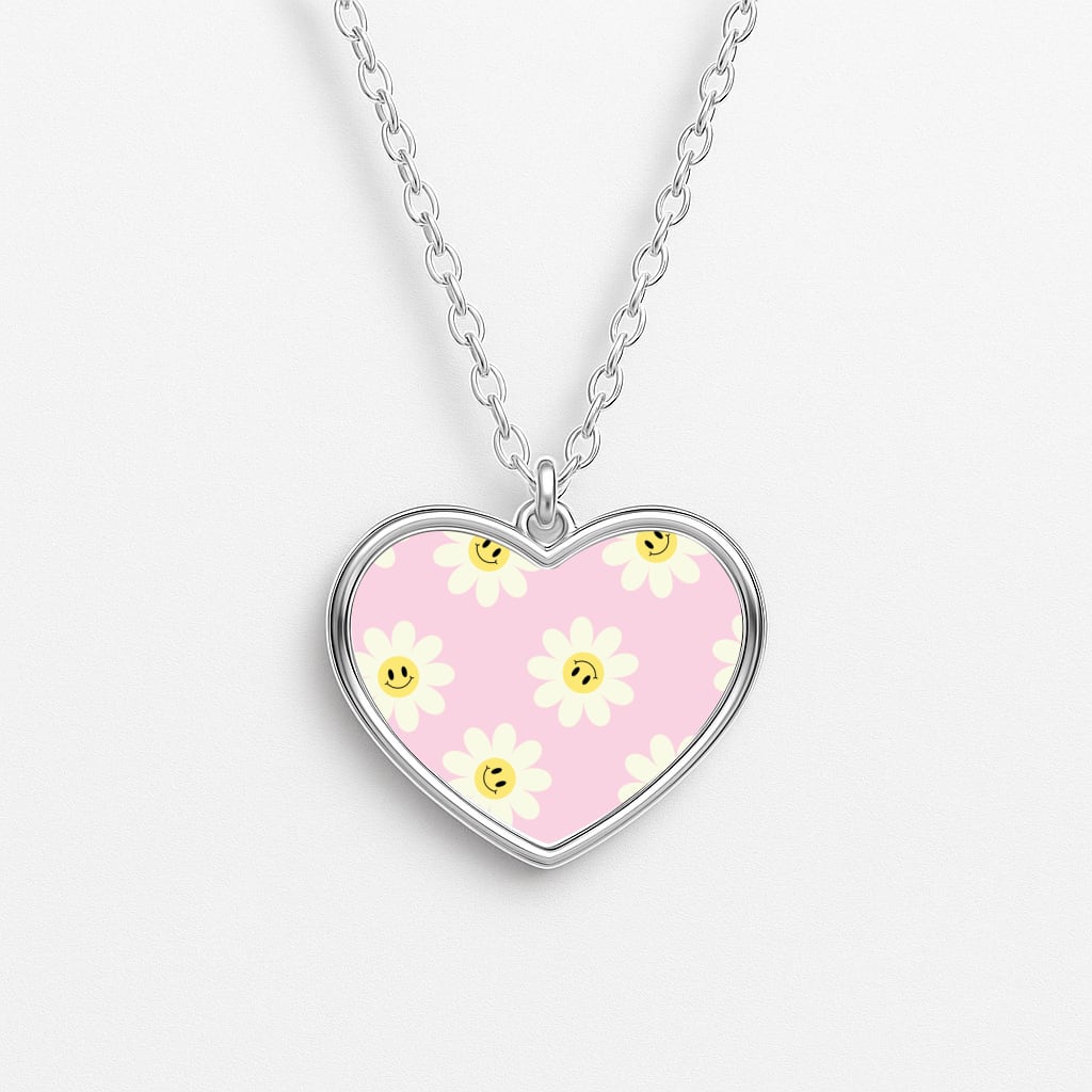 Pastel Pink Smiley Daisies Pattern Heart Necklace
