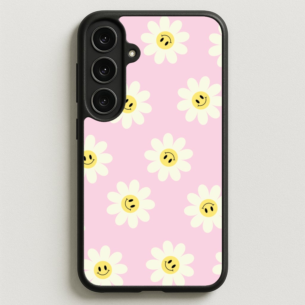 Pastel Pink Smiley Daisies Pattern Phone Case for Galaxy S25FE