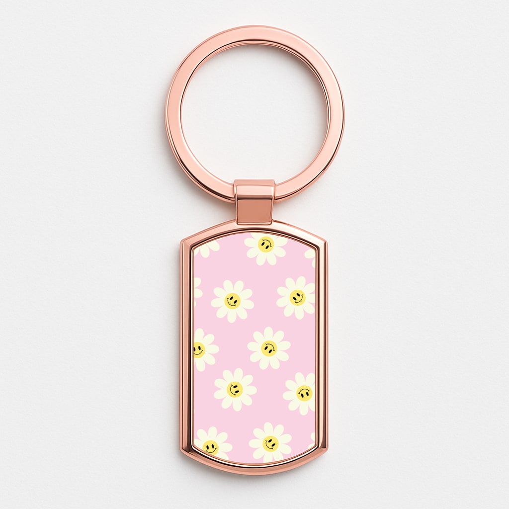 Pastel Pink Smiley Daisies Pattern Rose Gold Keyring