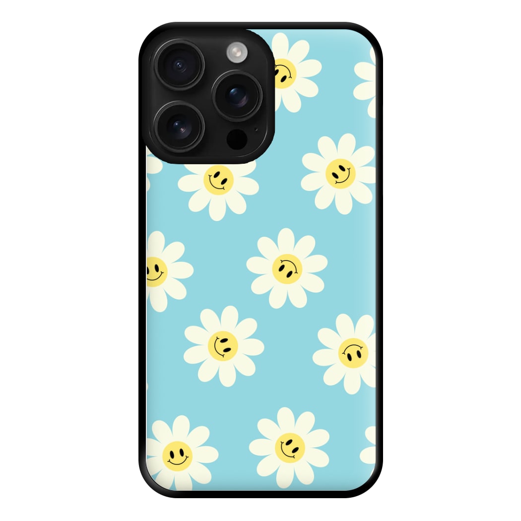 Pastel Blue Smiley Daisies Pattern Phone Case for iPhone 16 Pro Max