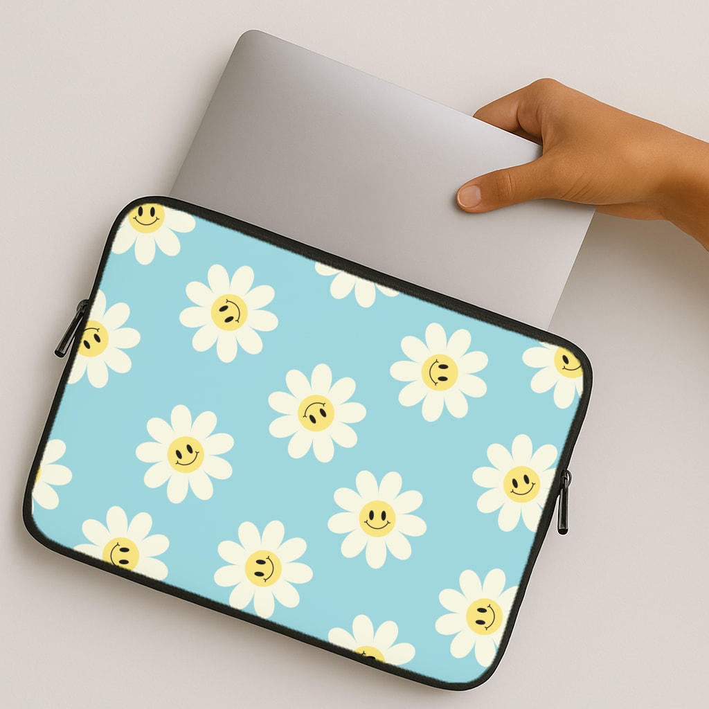 Pastel Blue Smiley Daisies Pattern MacBook Case