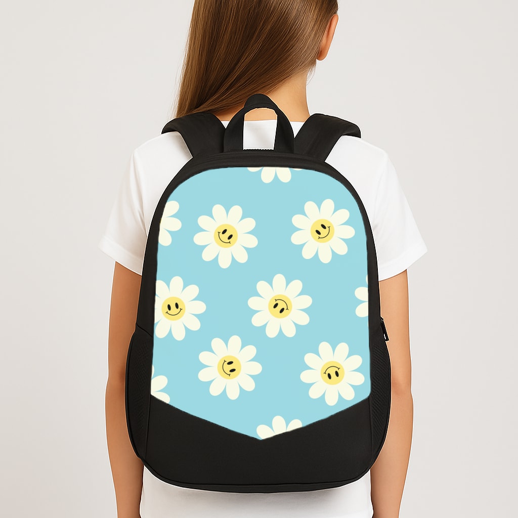 Pastel Blue Smiley Daisies Pattern Large School Bag