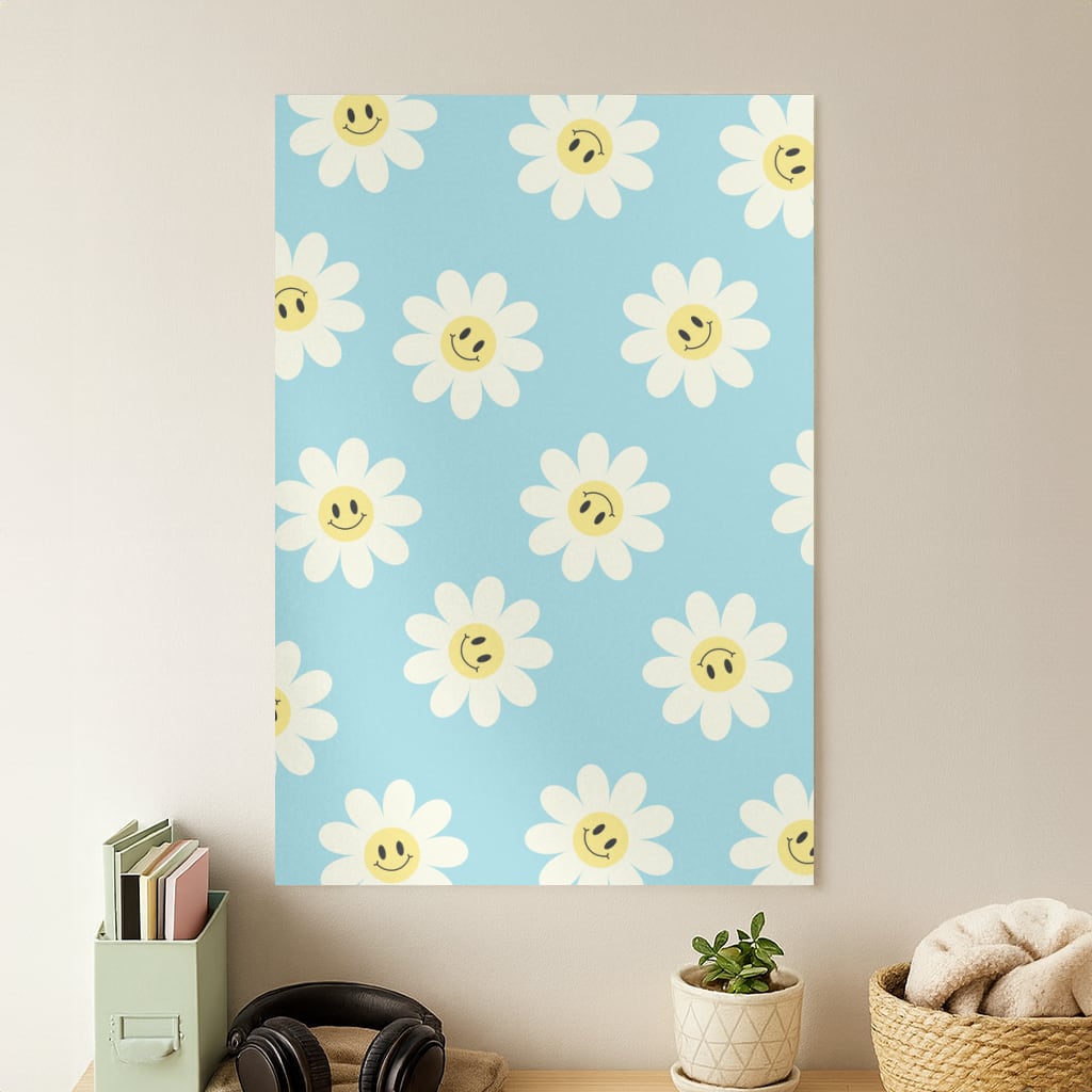 Pastel Blue Smiley Daisies Pattern Poster