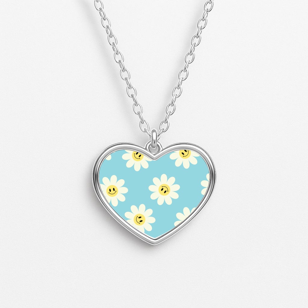 Pastel Blue Smiley Daisies Pattern Heart Necklace