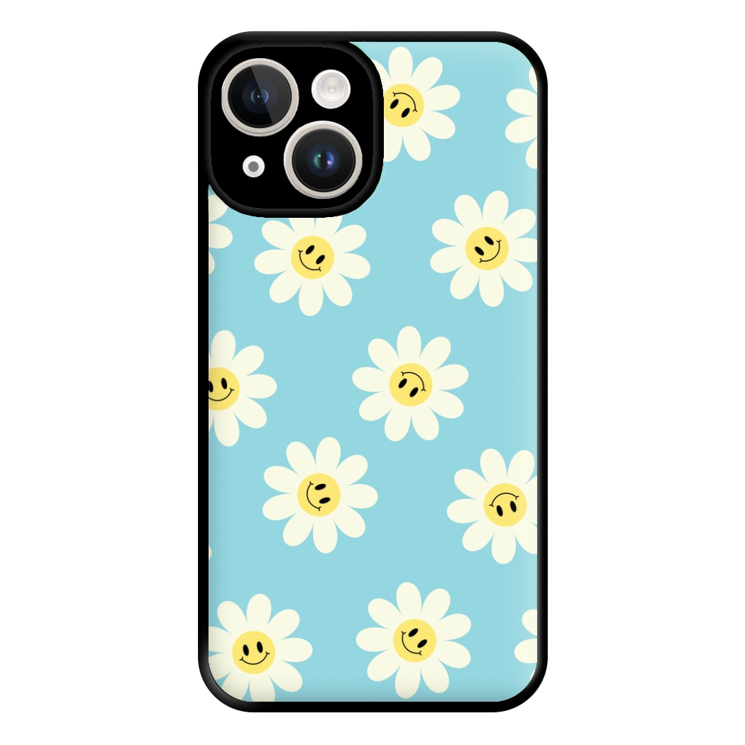 Pastel Blue Smiley Daisies Pattern Phone Case for iPhone 14