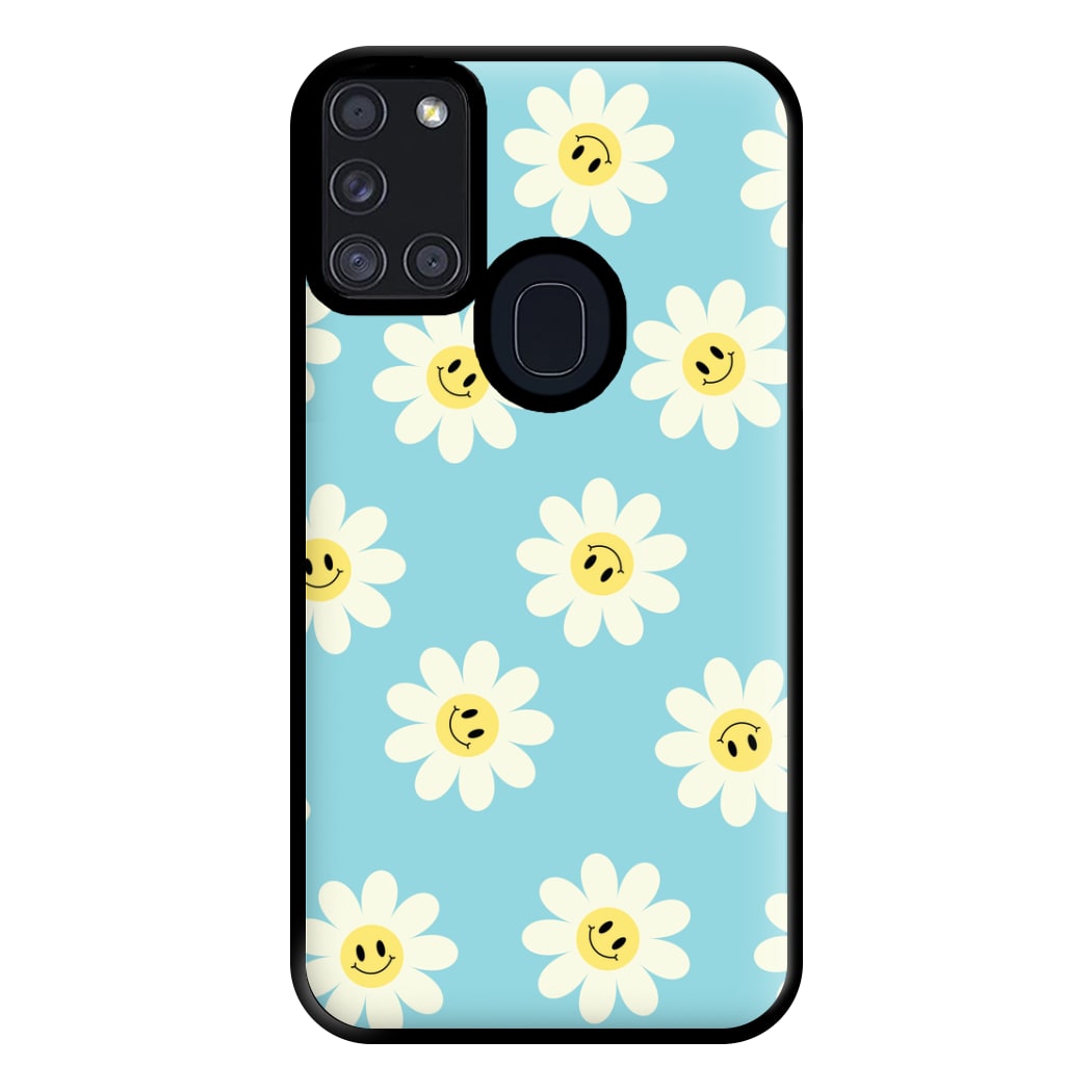 Pastel Blue Smiley Daisies Pattern Phone Case for Galaxy A21s