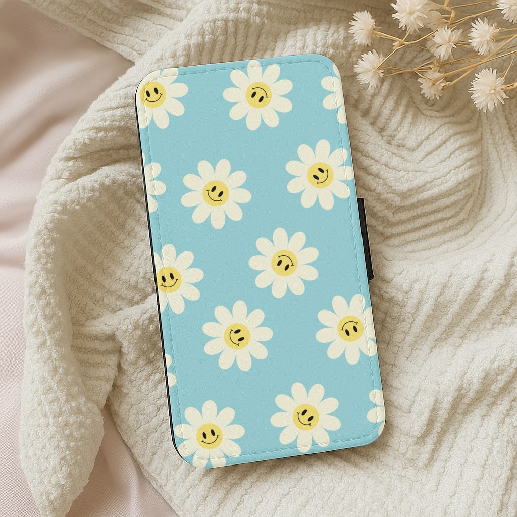 Pastel Blue Smiley Daisies Pattern Wallet Phone Case