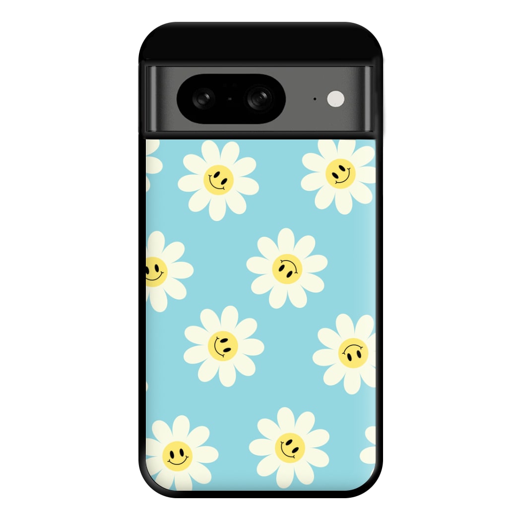 Pastel Blue Smiley Daisies Pattern Phone Case for Google Pixel 8
