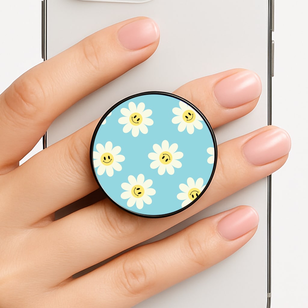 Pastel Blue Smiley Daisies Pattern Phone Grip