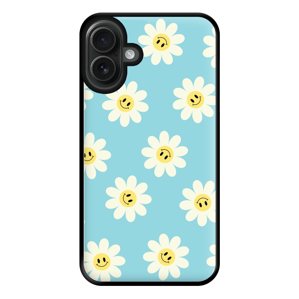Pastel Blue Smiley Daisies Pattern Phone Case for iPhone 16 Plus