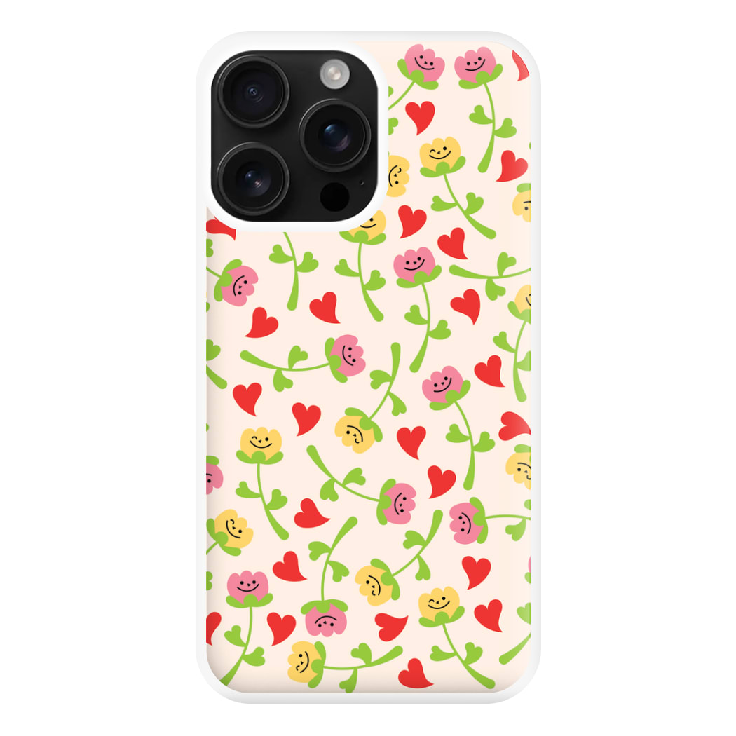 Smiley Tulips And Hearts Pattern Phone Case for iPhone 16 Pro Max