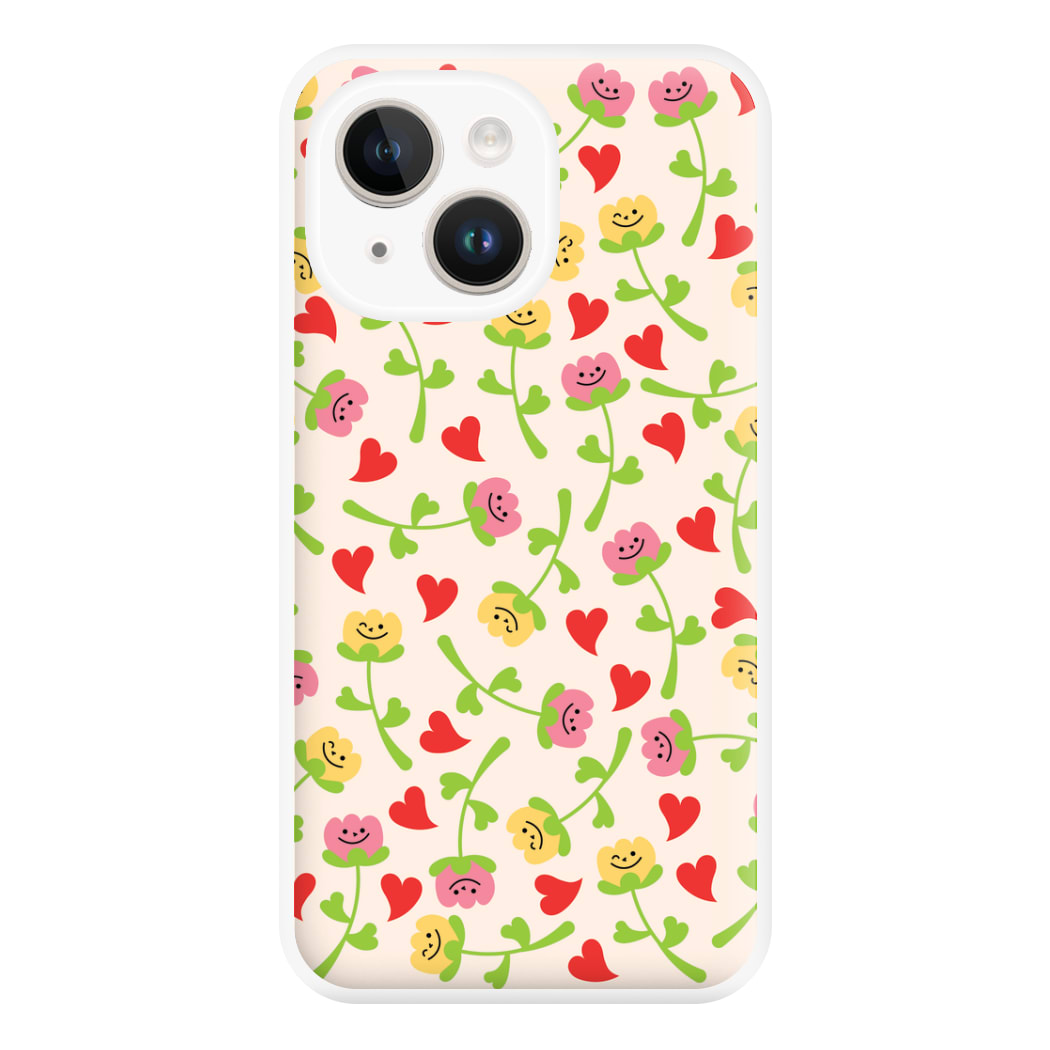 Smiley Tulips And Hearts Pattern Phone Case for iPhone 14 Plus
